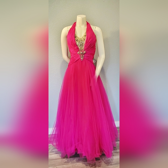 Terani Couture Fushia Halter Gown Dress S10 With Nude Push Up And Garment Bag - Picture 14 of 16